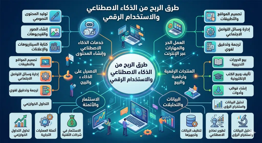 مخطط يوضح طرق الربح من الذكاء الاصطناعي واستخدام الأدوات الرقمية للعمل عبر الإنترنت