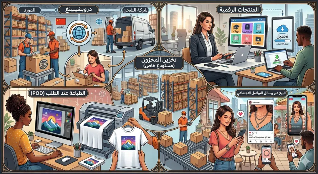 نماذج مختلفة للتجارة الإلكترونية في المغرب مثل الدروبشيبينغ والمنتجات الرقمية والطباعة عند الطلب
