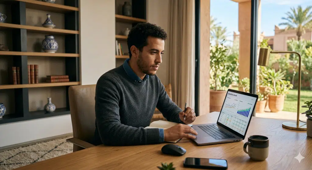 شاب مغربي يعمل على حاسوب محمول ويحلل نمو التجارة الإلكترونية في المغرب داخل مكتب منزلي حديث