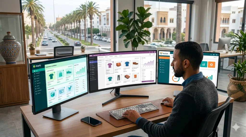 مقارنة بين منصات إنشاء المتاجر الإلكترونية في المغرب على شاشة حاسوب حديثة